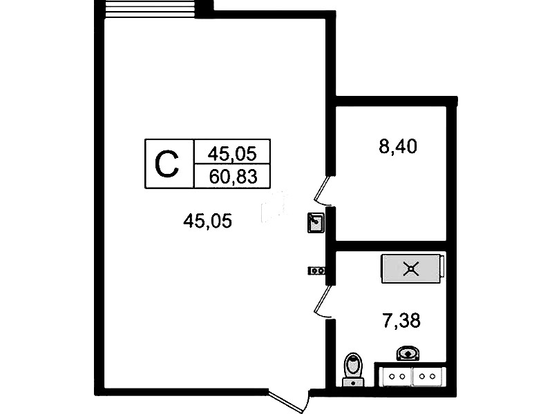 Квартира студия 60.83 м², 4/14 эт., Комплекс апартаментов «Ladozhsky Avenir»